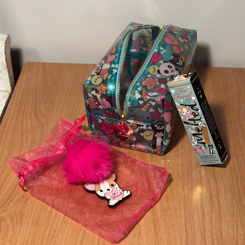 Too Faced Cosmetic Bag with Charm, and Limited Edition Melted Matte Lipstick